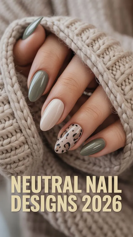 Olive Green Nails With Leopard Accent and Glossy Finish That Make a Statement