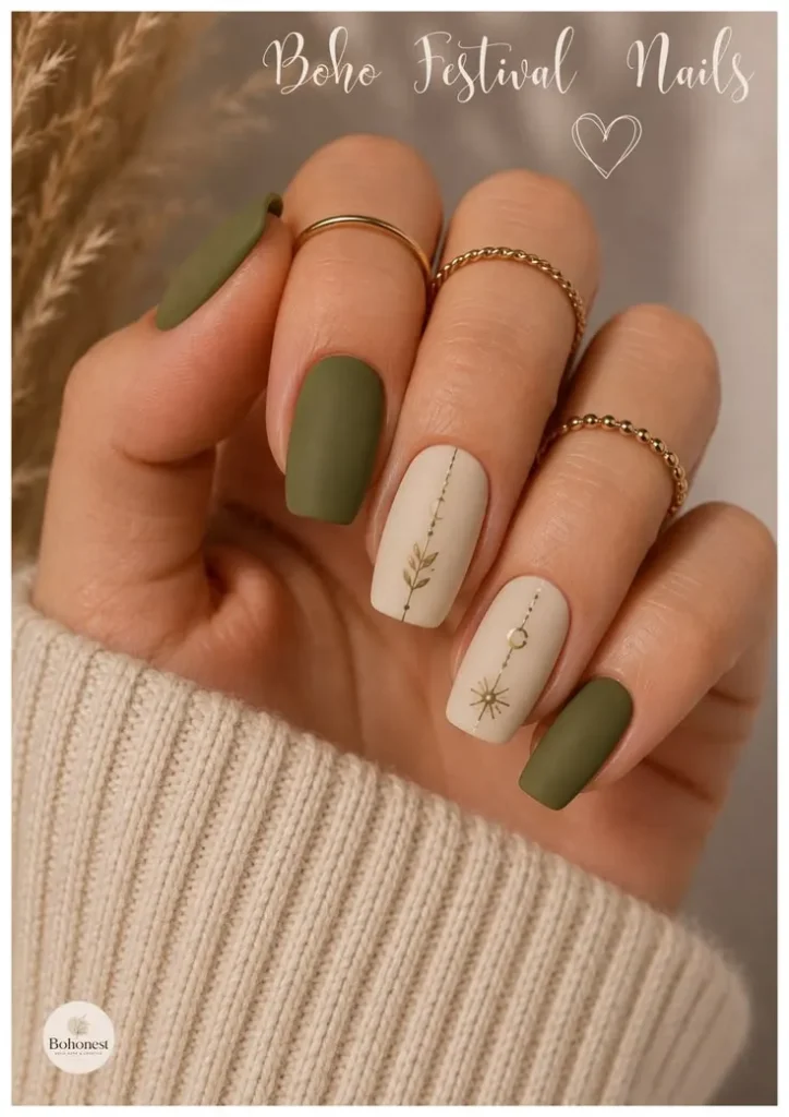 Olive Green and Nude Nails With Minimal Gold Celestial Art That Looks Chic