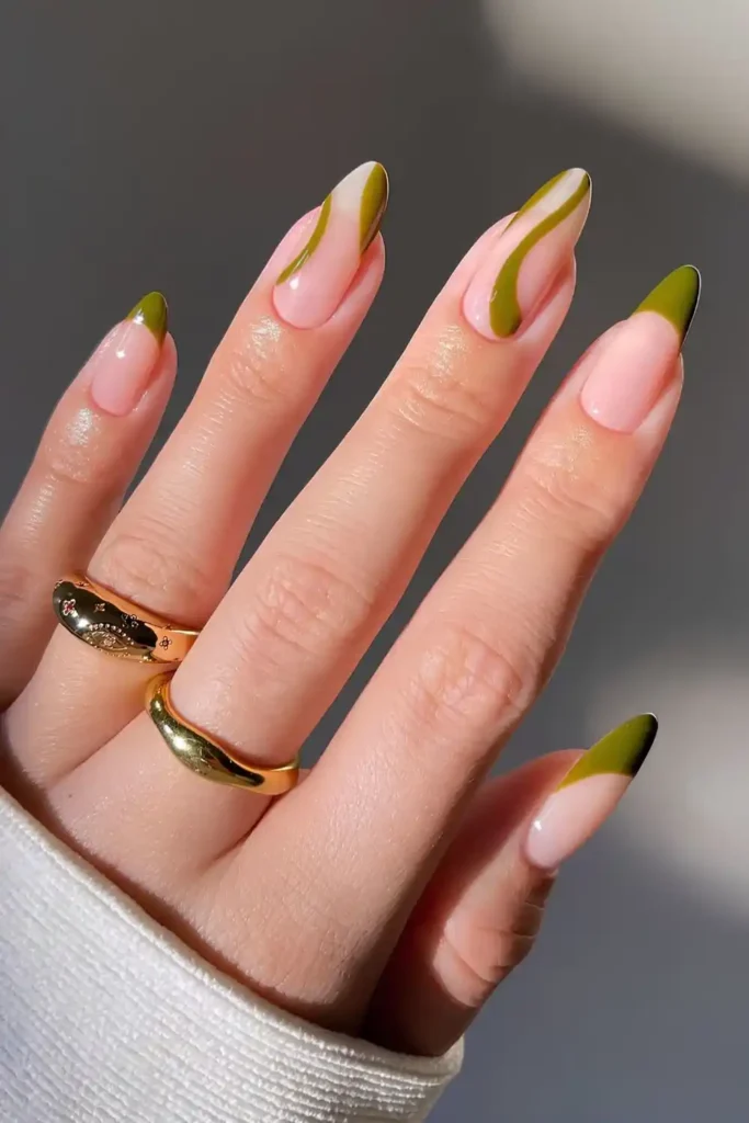 Olive Green French Mani With Accent Swirls for a Chic Modern Look
