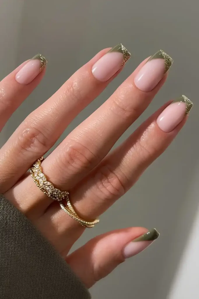 Olive Green and Gold Glitter French Mani for a Luxe Look