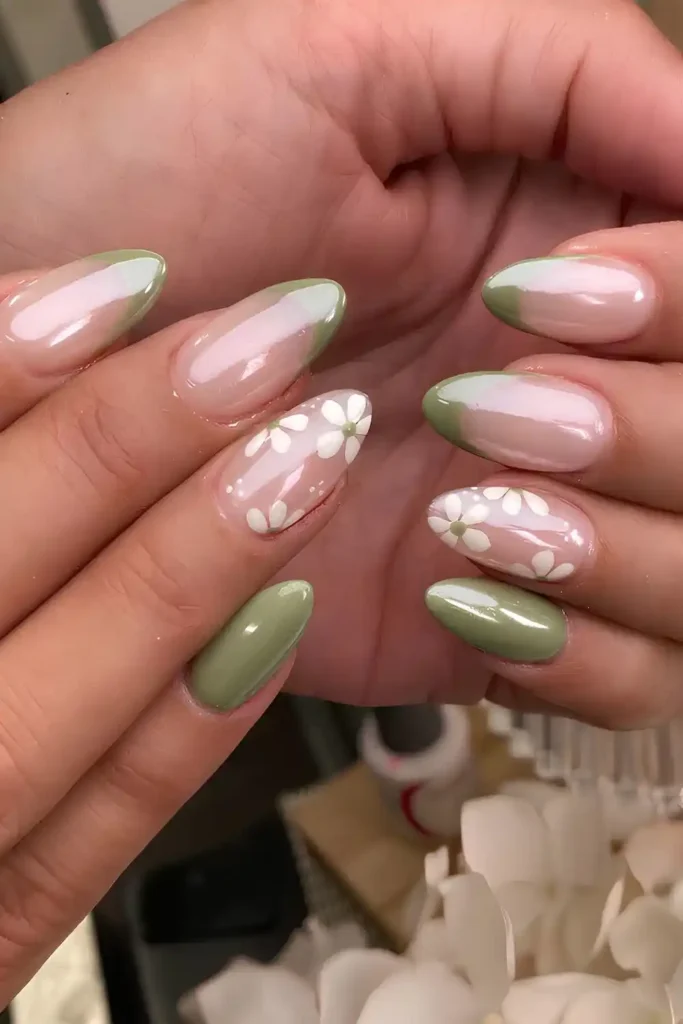 Olive Green Chrome Floral Nails That Look Luxurious