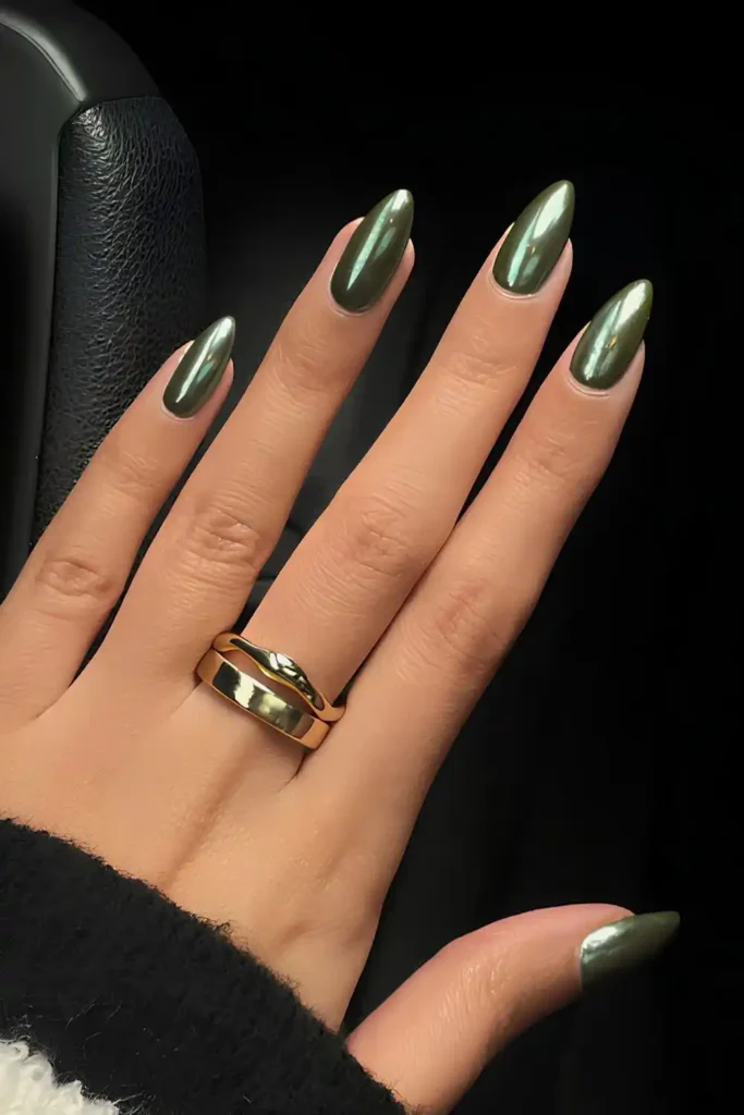 Olive Green Chrome Manicure With a Glossy Mirror Shine