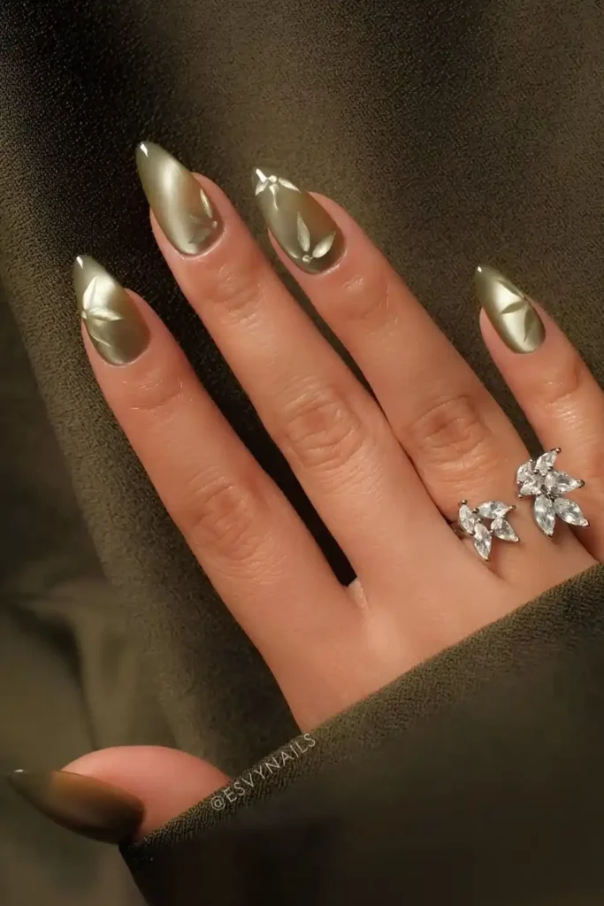 Olive Green Floral Cat Eye Mani With a Stunning Magnetic Finish