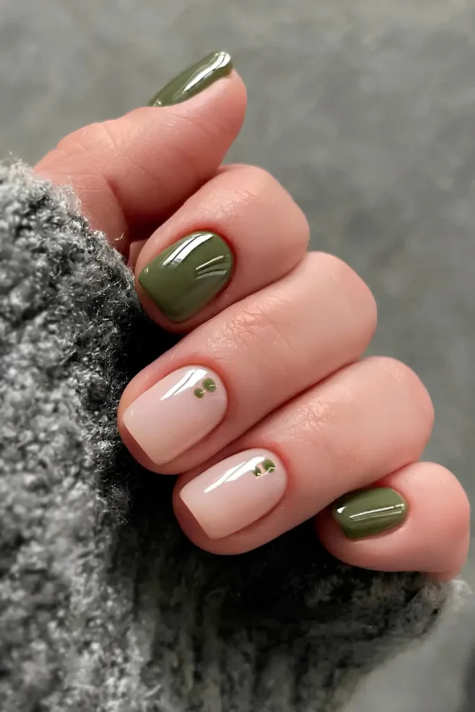 Olive Green Manicure With Dot Accents That Feels Fresh and Playful
