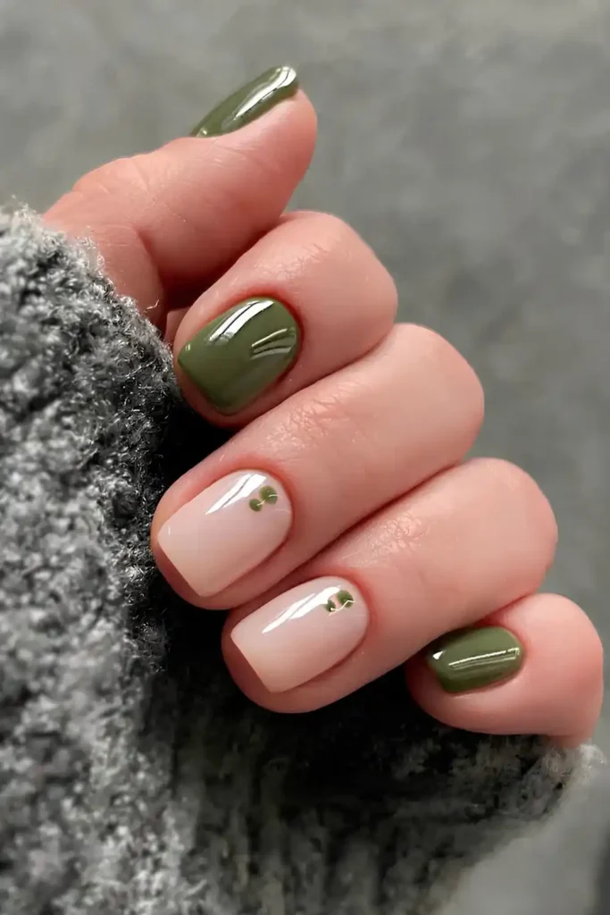 Olive Green Manicure With Dot Accents for a Playful Touch