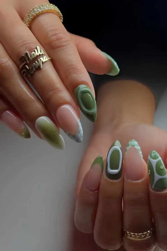 Olive Green Mismatched Nails for a Fun Creative Manicure