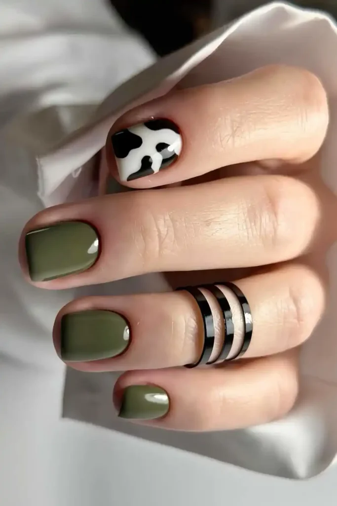 Olive Green Nails With Accent Cow Print for a Bold Trendy Look