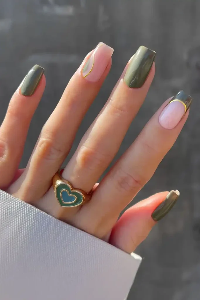 Olive Green Nails With Accent Gold Lines for a Sophisticated Finish