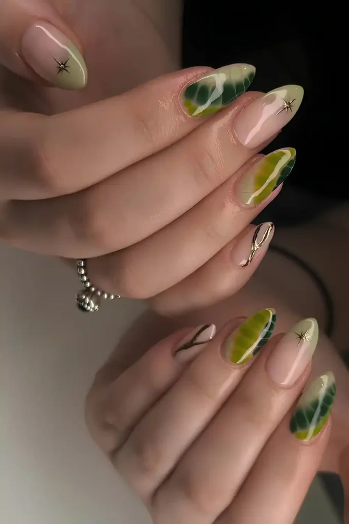 Olive Green Nails With Animal Print Accents That Make a Statement