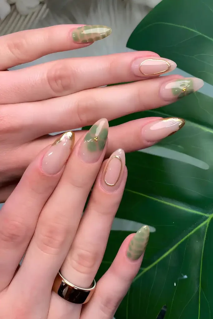 Olive Green Nails With Blooming Flowers for a Fresh Floral Look