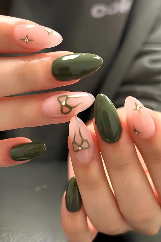 Olive Green Nails With Bows and Gems That Feel Feminine and Glam