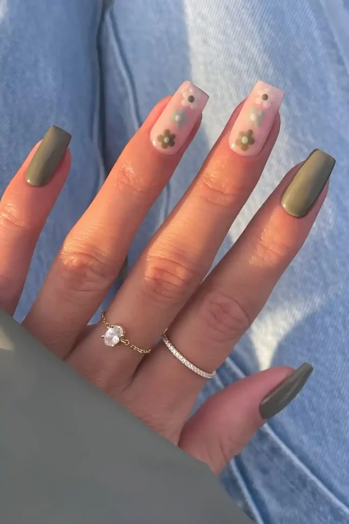 Olive Green Nails With Flowers That Look Soft and Elegant