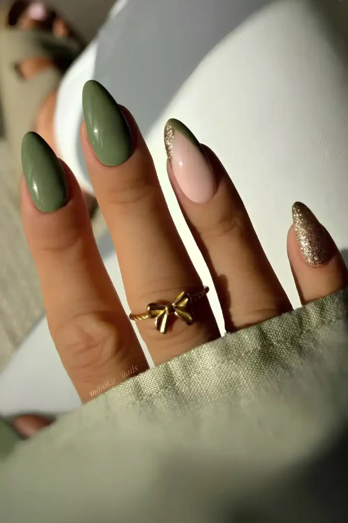 Olive Green Nails With Glitter Accents That Add Instant Glam