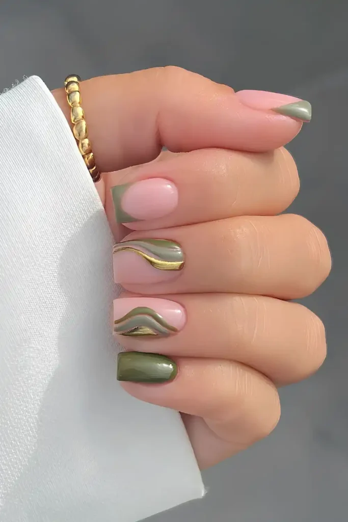 Olive Green Nails With Metallic Swirls That Catch the Light