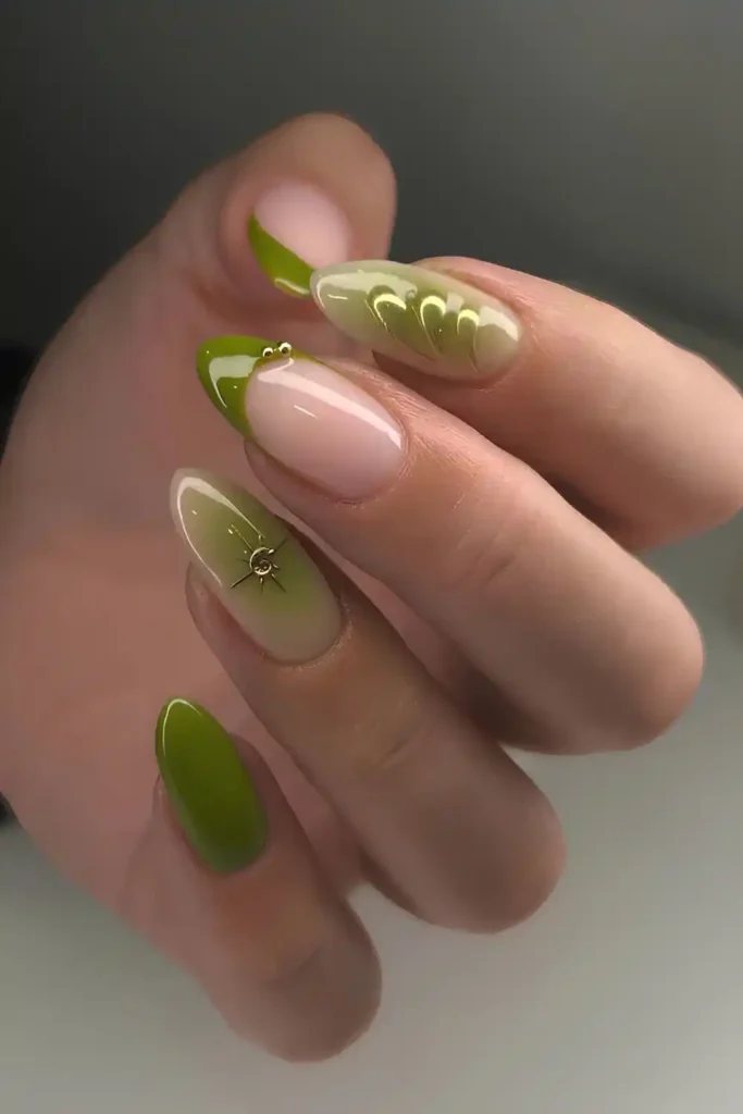 Olive Green Nails With Rhinestones and Gold Details for a Glamorous Finish
