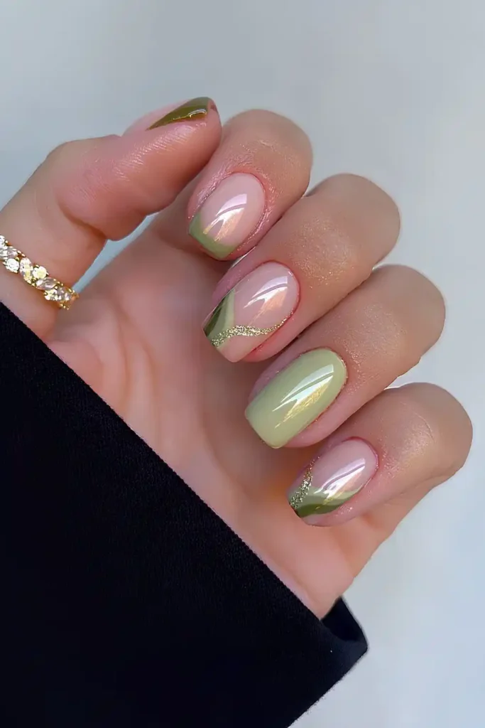Olive Green Nails With Swirls and Glitter That Sparkle Beautifully