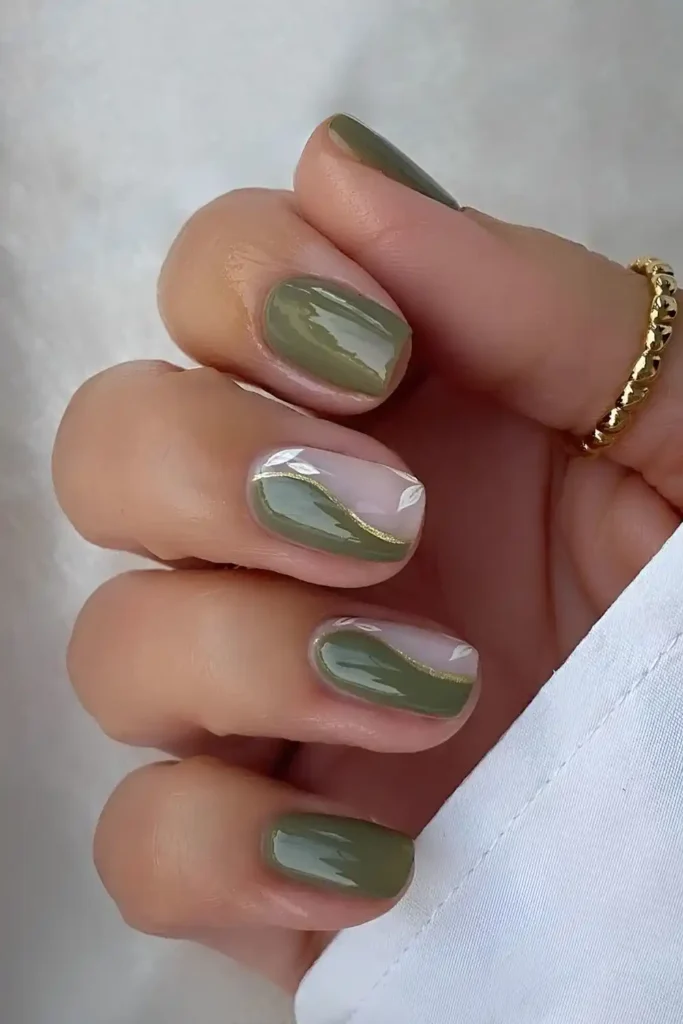 Olive Green Split Swirl Nails With Gold Accents That Stand Out