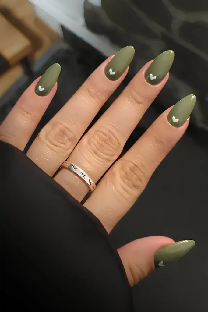 Olive Nails With Heart Art for a Sweet Minimal Look