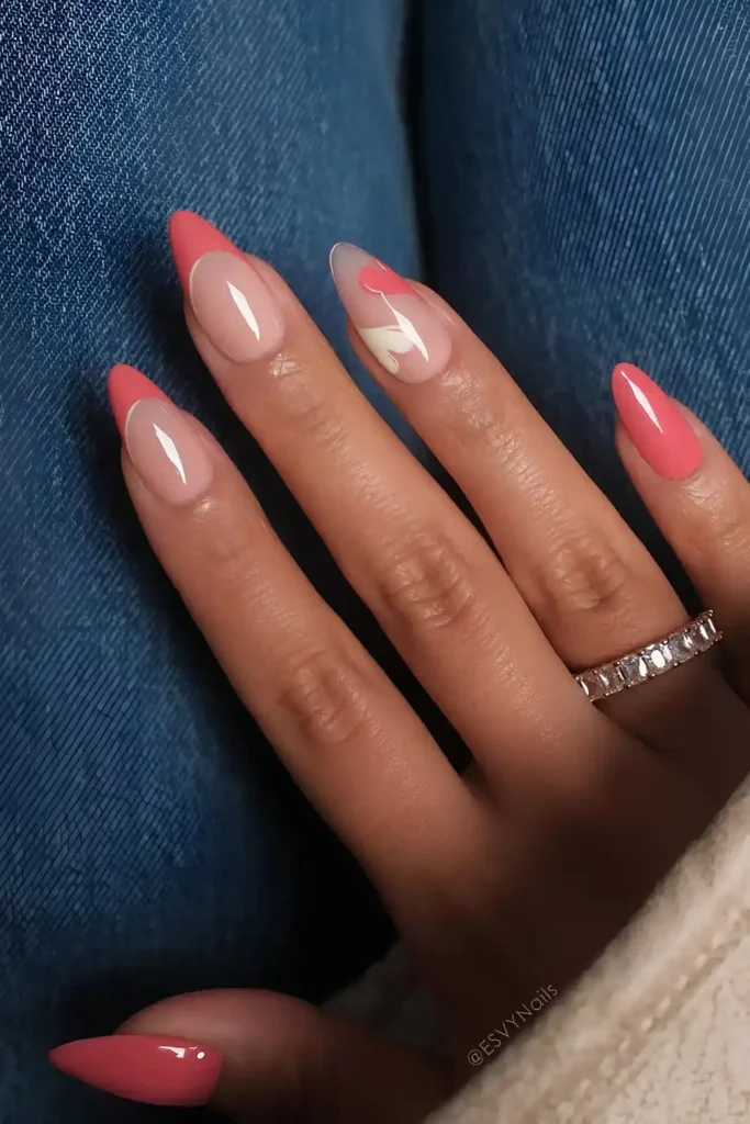 Orange French Nails With Heart Accents for a Cute Romantic Touch