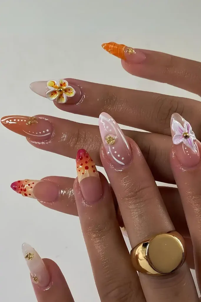 Orange and Neutral Mix and Match Nails for a Modern Artistic Look