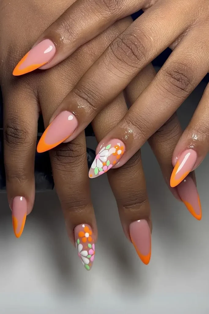 Orange Floral French Manicure Ideas to Brighten Your Nails