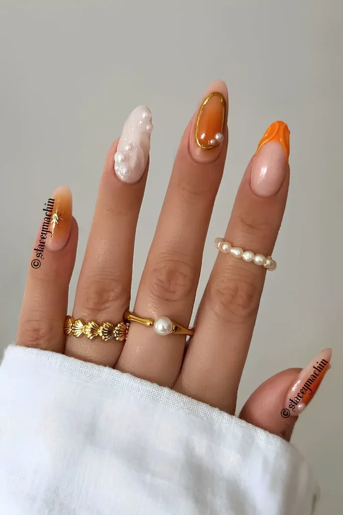 Orange Mix and Match Nails With Pearls You'll Love