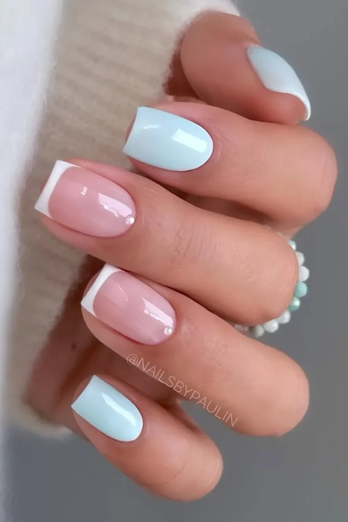 Pale Blue Mani With Accent French Tips and Pearls That Looks Elegant