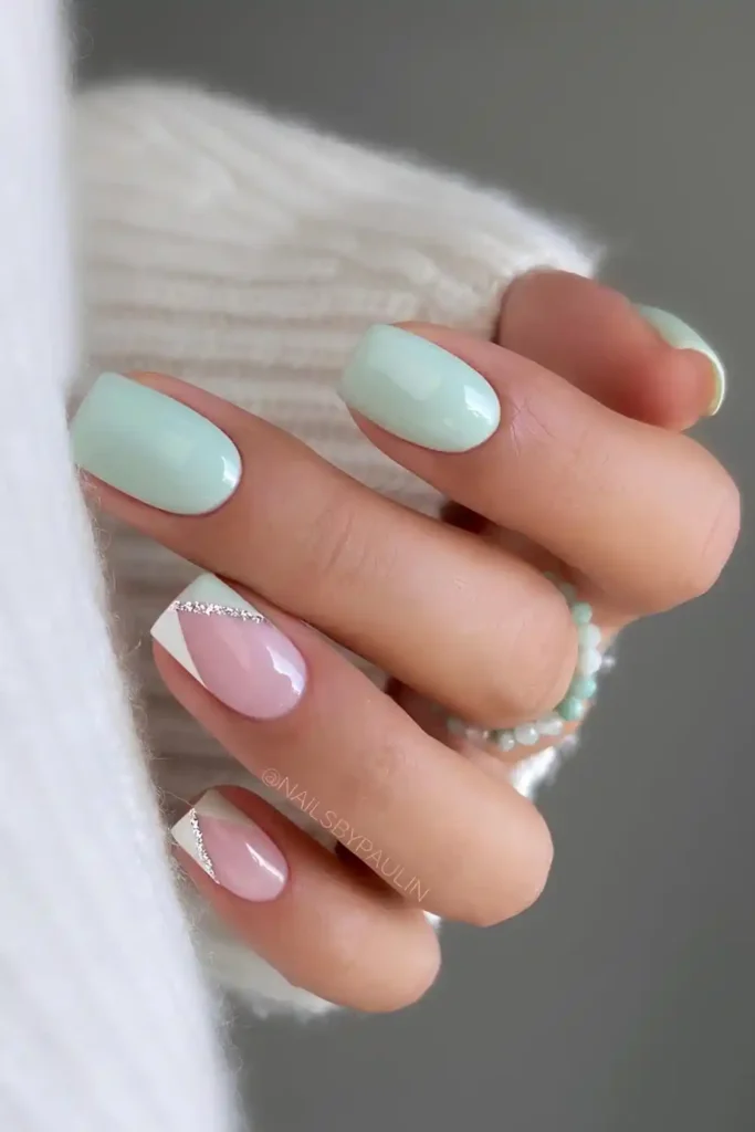 Pastel Green and White Nail With Glitter Details for a Fresh Spring Look