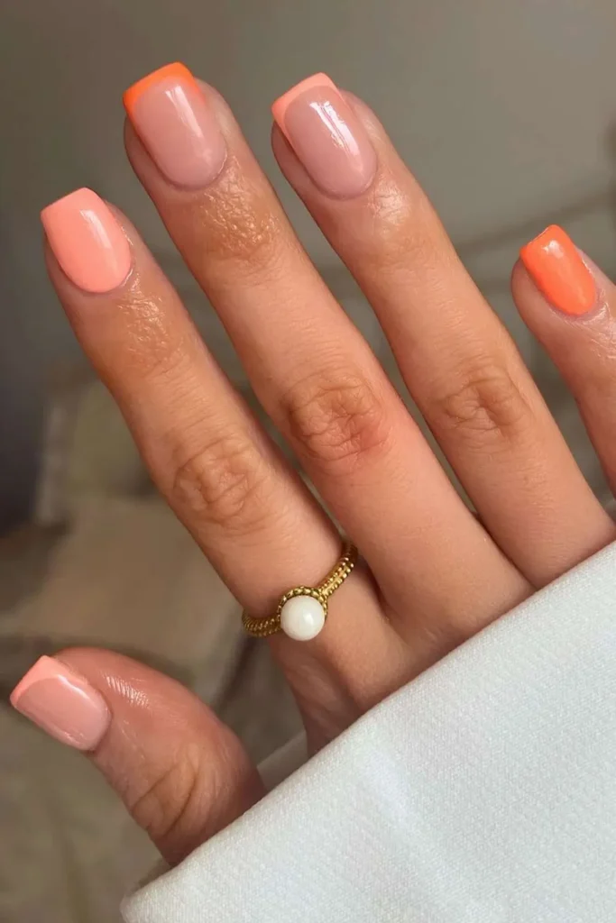 Peach and Orange Mani With Accent French Tips for a Bright Summer Look