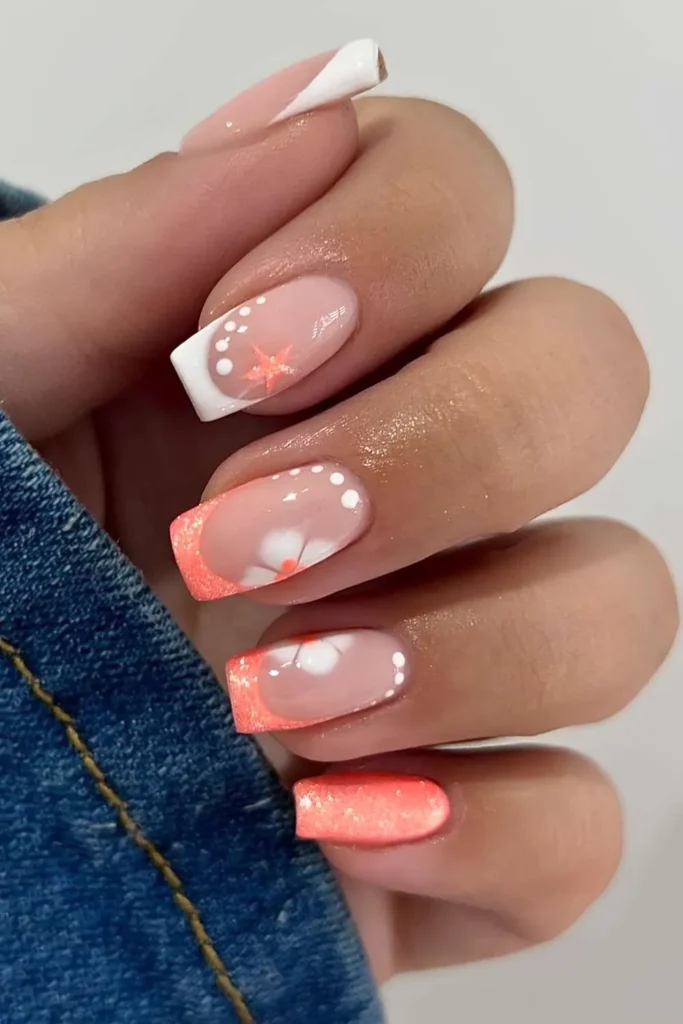 Peach and White Mani With Beach Themed Art for Coastal Vibes