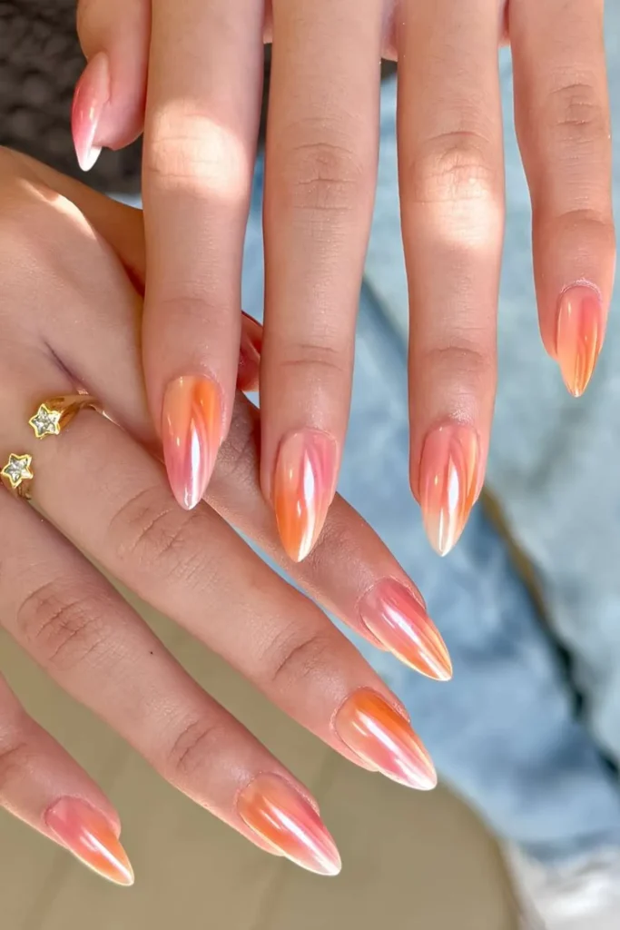 Peach Chrome Effect Mani With a Glossy Mirror Shine