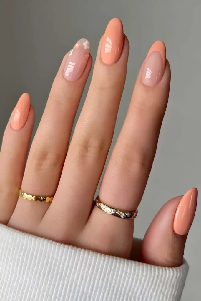 Peach Mani With Micro Floral Art for an Elegant Everyday Style