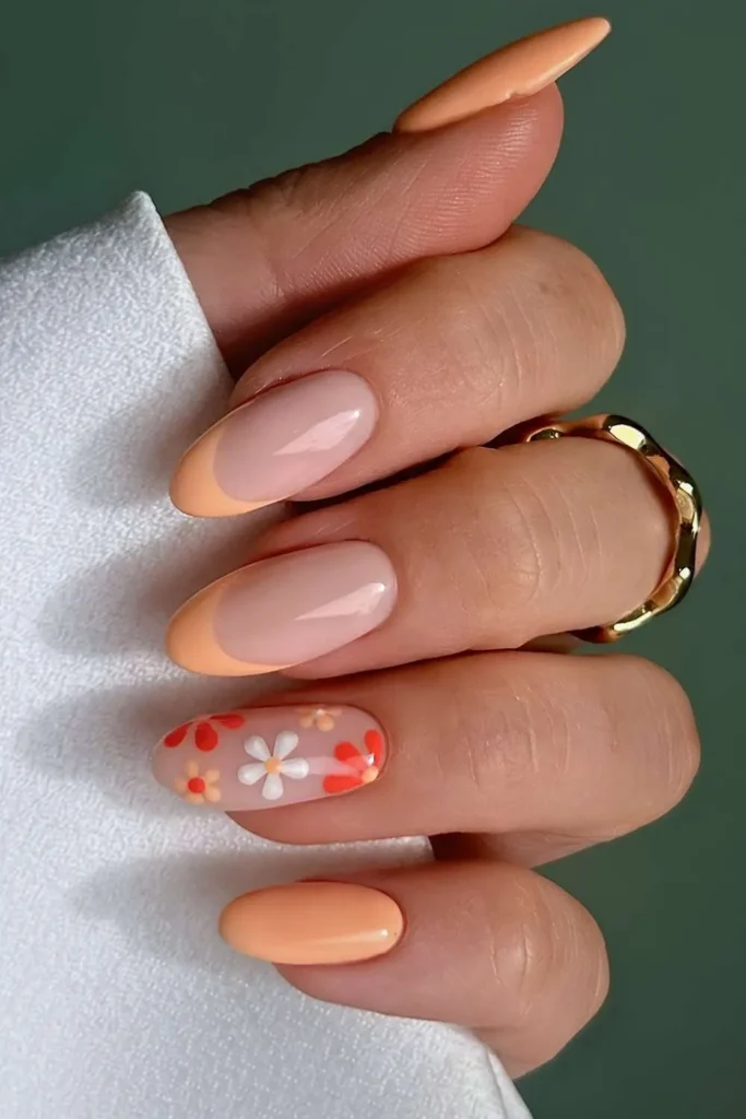 Peach Mani With Red Floral Art That Makes a Beautiful Statement