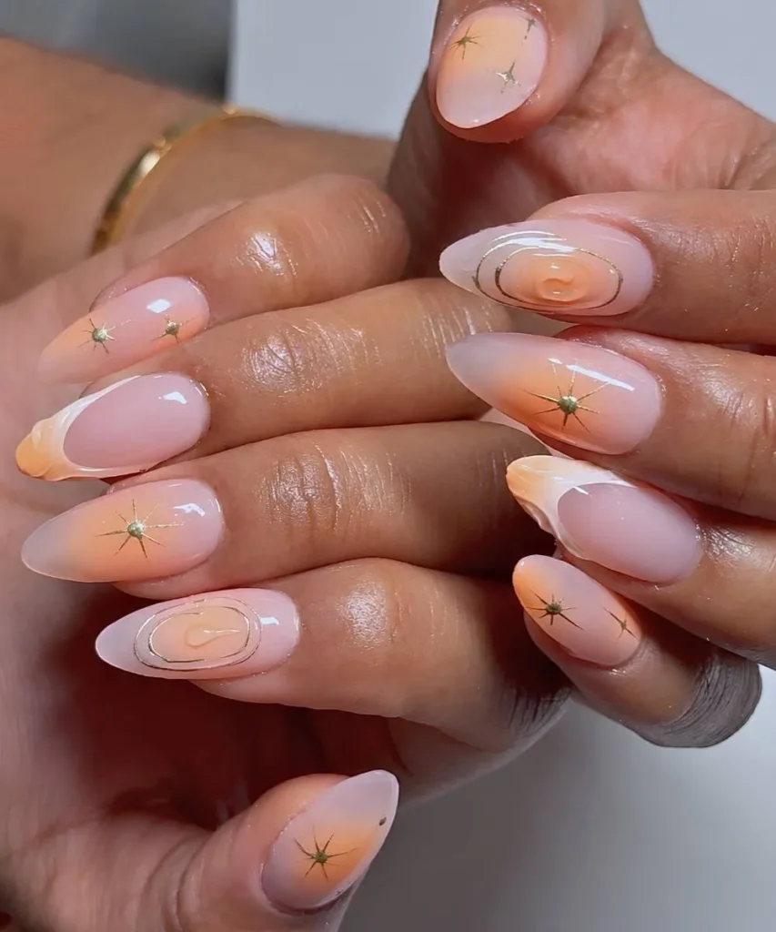 Peach Nails With Metallic Celestial Art That Feels Magical