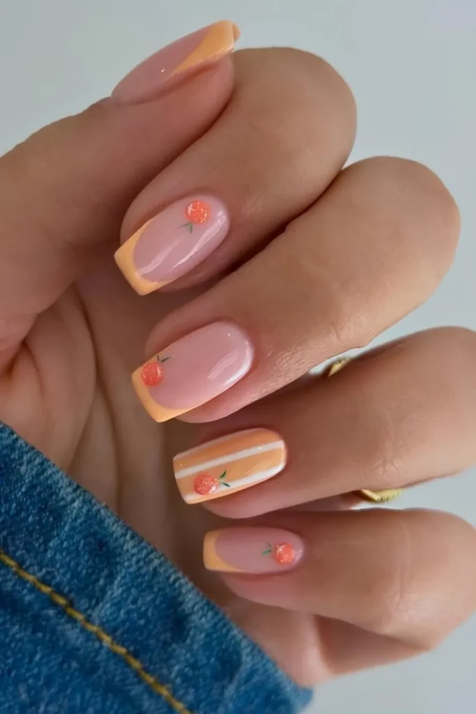 Peach Nails With Stripes and Fruit Art for a Fun Summer Manicure