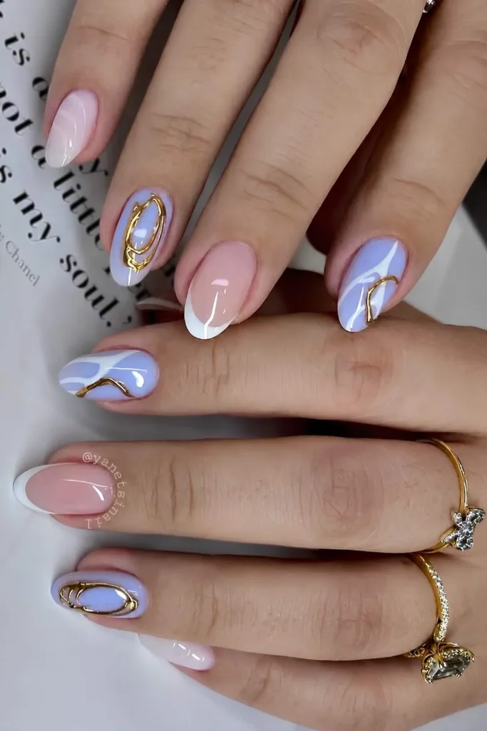 Periwinkle and White Nails With Gold Details That Add Instant Glam