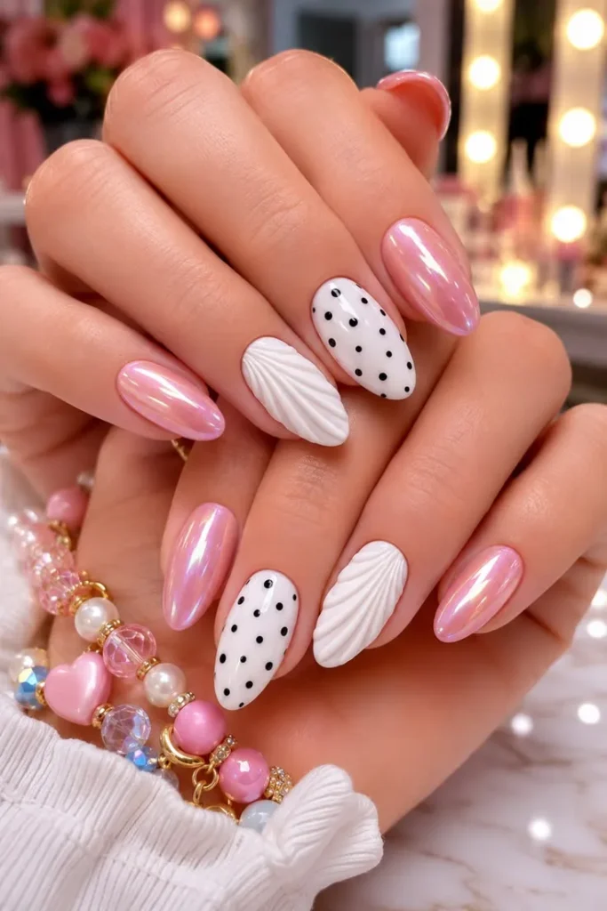 Pink Chrome Nails With 3D Shell and Polka Dot Accents