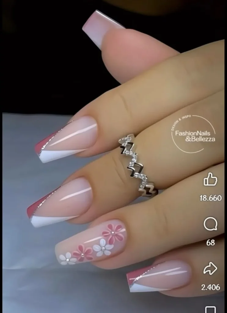 Pink Floral French Nails With White Daisy Accent Details