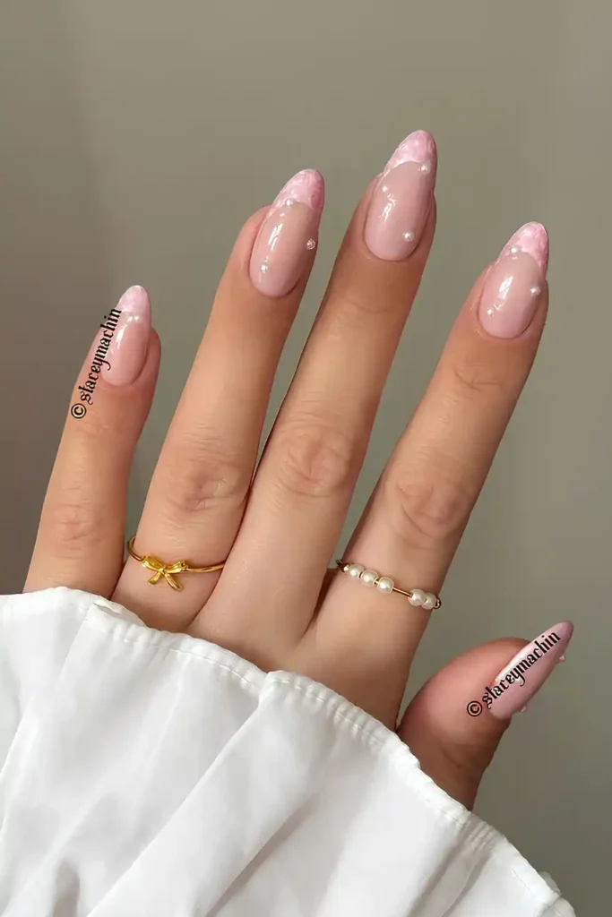 Pink French Mani With Pearl Stickers for an Elegant Feminine Touch