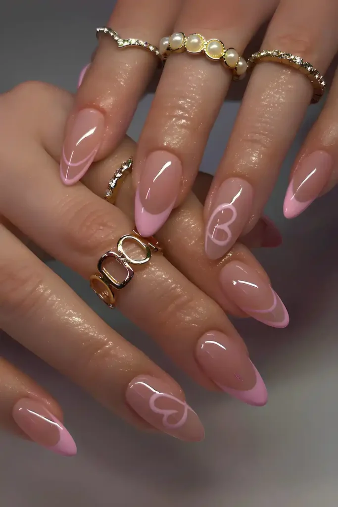 Pink French Mani With Swirly Hearts for a Sweet Romantic Look