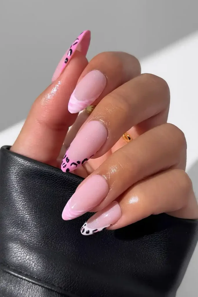 Pink French Nails With Animal Print for a Bold Trendy Style