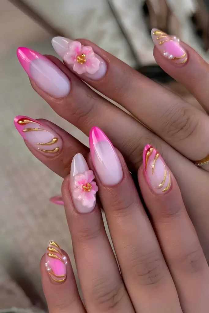 Pink French Nails With Chrome Accents and Flowers You'll Love