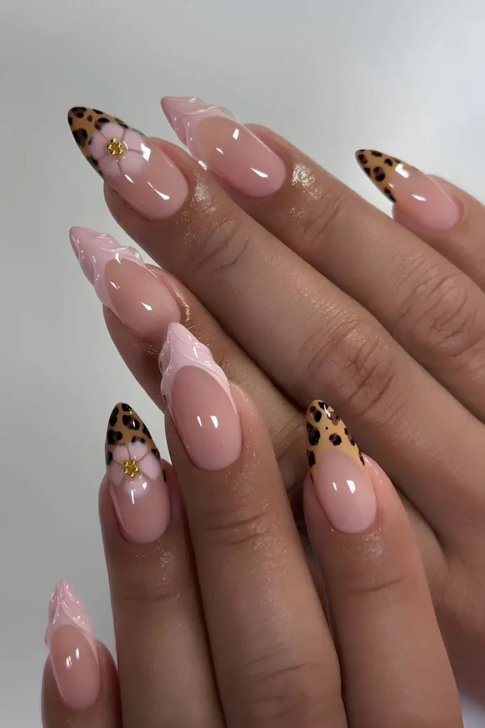 Pink French Nails With Floral and Cheetah Print Accents