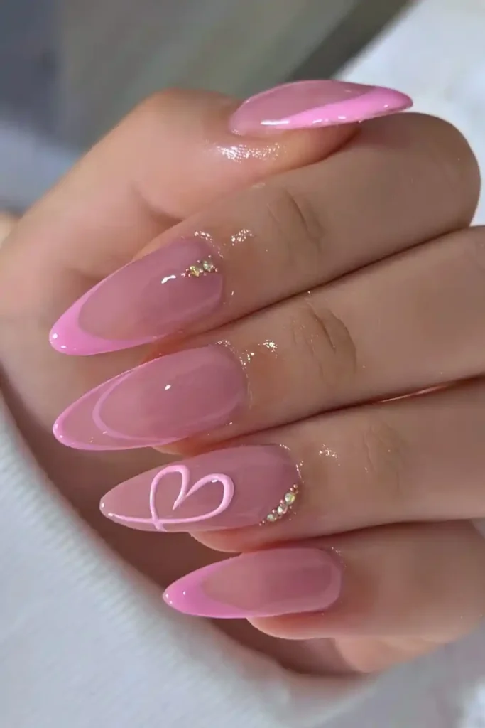 Pink French Nails With Heart Doodle for a Cute Romantic Touch