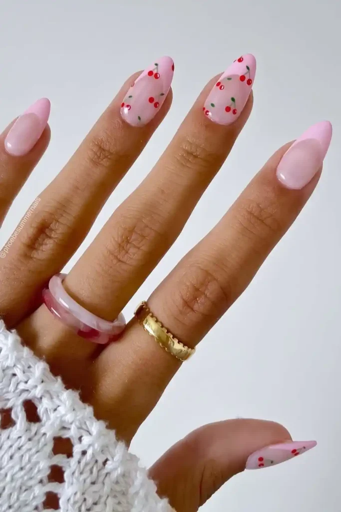 Pink French Nails With Micro Cherry Art for a Cute Playful Style