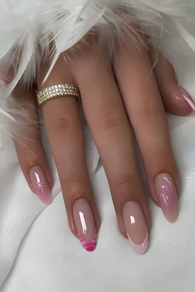 Pink French Nails With Stars and Animal Print That Make a Bold Statement