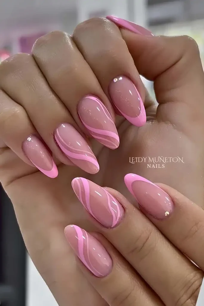 Pink French Nails With Swirls and Gems That Add Instant Glam