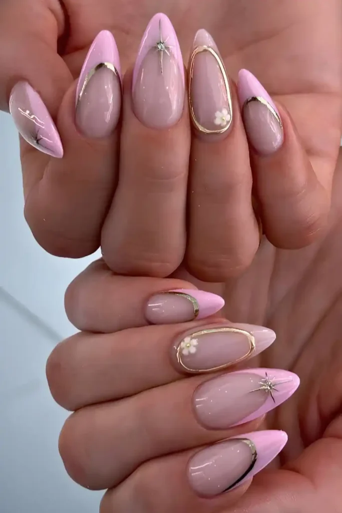 Pink French Tip Nails With Gold Detailing for a Luxe Manicure