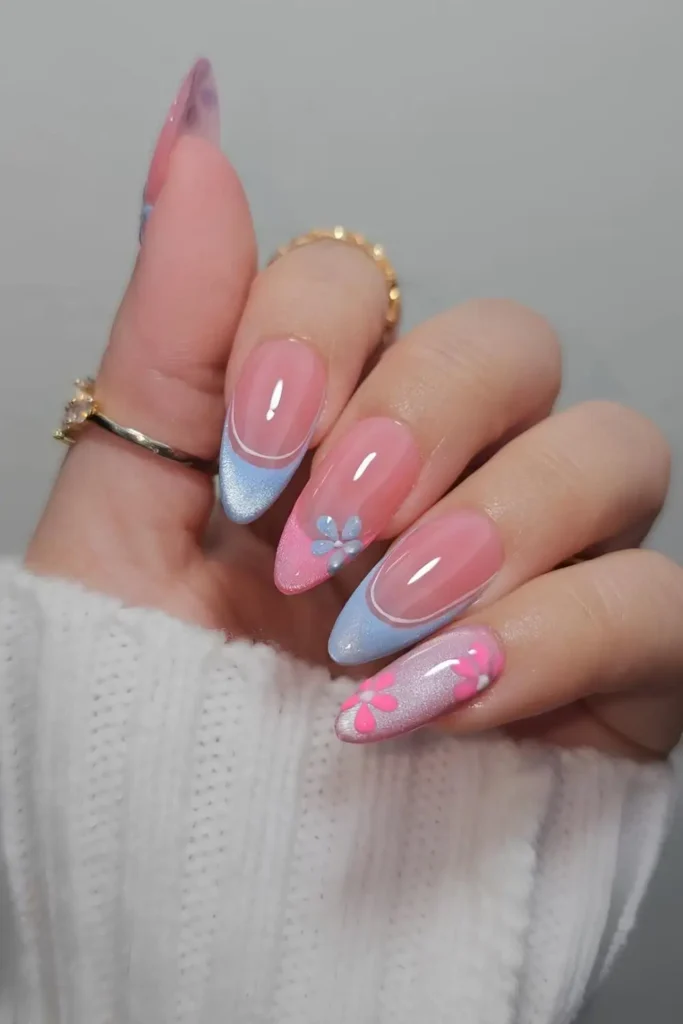 Pink and Blue Floral Cat Eye Nails With a Stunning Magnetic Finish
