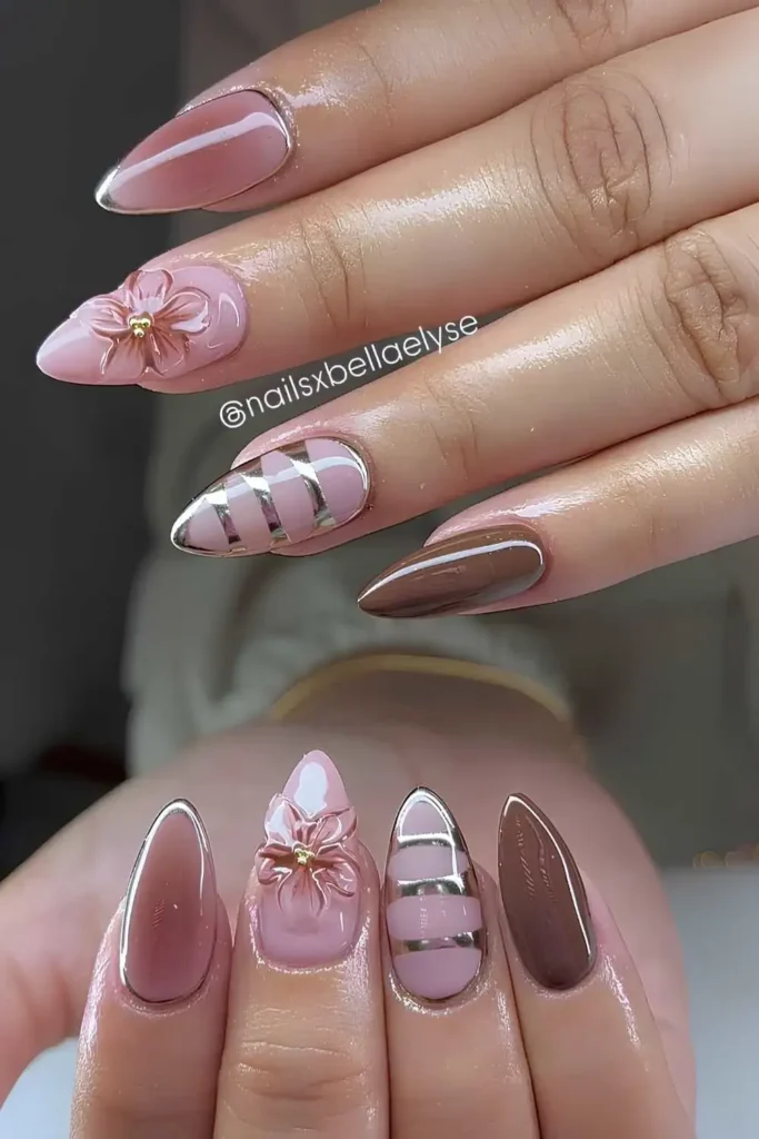 Pink and Brown 3D Floral Nails for an Elegant Look